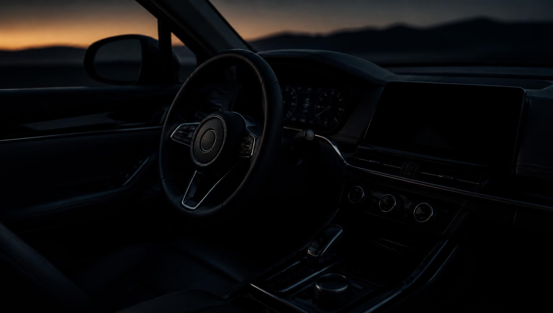 Dark interior of a modern car at dusk, steering wheel and instrument cluster